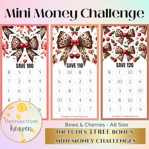 Puede incluir: Tres tarjetas de mini desafíos de dinero tamaño A6 con diseños de lazos y cerezas. Cada tarjeta tiene una cantidad diferente para ahorrar, con círculos para marcar los ahorros. Las tarjetas están etiquetadas como "Save 100", "Save 110" y "Save 120".