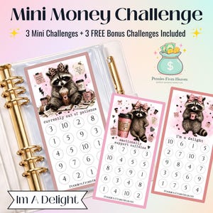 May include: A Mini Money Challenge set featuring three rectangular savings trackers with raccoon illustrations, coffee motifs, and numbered circles. The trackers are displayed with a gold-ringed binder and a gold pen, labeled with text including Currently out of patience, emotionally support caffeine, and I'm a delight.