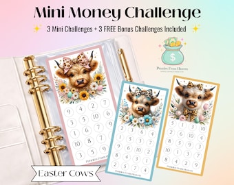 Mini desafío de ahorro de Pascua: Guía de ahorro imprimible para niños y adultos, inserto PDF para carpeta de presupuesto con una linda vaca de las Tierras Altas, desafío del sobre con dinero