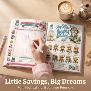 May include: An open savings challenge tracker book featuring a collection tracker page on the left and a Stay Salty Heifers savings challenge page on the right with illustrations of highland cows, a light blue pen, a coffee mug, and a jar of coins.