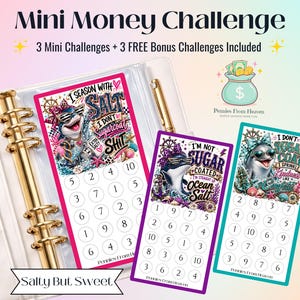 May include: A white binder with gold rings containing three rectangular money challenge cards. The cards feature illustrations of sea creatures wearing sunglasses and text including I SEASON WITH SALT, I DON'T SUGARCOAT SHIT, and I'M NOT SUGAR COATED.