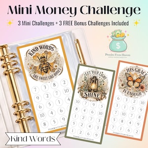 May include: A white binder with gold rings containing three rectangular money challenge cards. The cards feature illustrations of a bee, a lantern, and a butterfly with text reading Kind Words Are Sweet Like Honey, Let Your Light Shine, and His Grace Is Enough, alongside numbered circles for tracking savings.