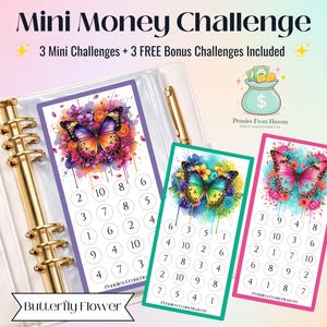 May include: A Mini Money Challenge set featuring three rectangular savings trackers with butterfly and floral watercolor designs. Each tracker includes numbered circles for tracking progress, displayed alongside a gold binder and a money bag icon.