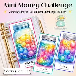 Mason Jar Mini Geld Herausforderung, A6 Binder Einlage, druckbares Sparspiel, Budget, Regenbogen Gläser PNG, Bargeld Umschlag Tracker PDF, Geldspiel
