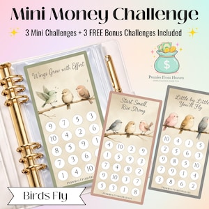 May include: A white binder with gold accents holds three mini money challenge cards. Each card features watercolor illustrations of birds perched on branches. Text on the cards includes "Wings Grow with Effort," "Start Small, Rise Strong," and "Little by Little, You'll Fly."