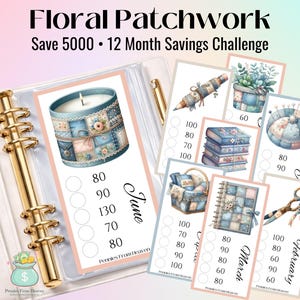 12 Month Money Challenge Printable, Starter Set, Save 5000 in a Year, Floral Patchwork Savings Challenge A6 Binder, Cute Budget Game