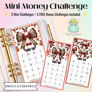 May include: A set of three mini money challenge cards with a bow and cherry design. The cards are in a binder with a gold pen. The text on the cards reads "SAVE 110", "SAVE 100", and "SAVE 120". The text "Mini Money Challenge" is at the top.