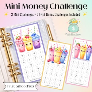 Kawaii Fruit Smoothies Mini Money Challenge A6 Binder Insert Printable Savings Game Budget Rainbow Jars PNG Cash Envelope Tracker Money Game