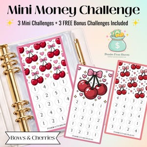 Mini desafío de ahorro imprimible "Lazos y cerezas", rastreador de ahorros A6, lindo inserto de sobre para presupuesto, descarga digital, mini desafío de ahorro