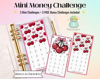 Bows and Cherries Mini Money Challenge Printable, A6 Savings Tracker, Cute Budget Envelope Insert, Digital Download, Mini Savings Challenge