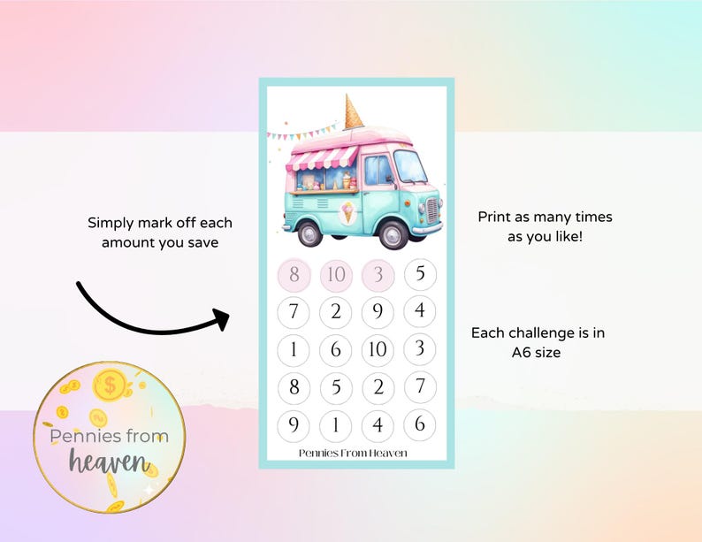 May include: A watercolour savings challenge printable with an ice cream van illustration. The design includes a list of numbers to track savings. Text includes "Simply mark off each amount you save" and "Pennies From Heaven".