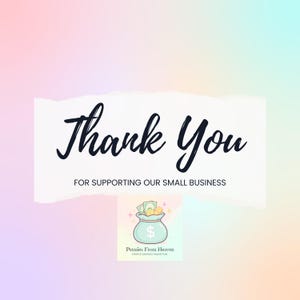 May include: A white rectangular card with torn edges featuring the black text Thank You FOR SUPPORTING OUR SMALL BUSINESS. Below the text is a small illustration of a light blue money bag with green paper money and gold coins inside.