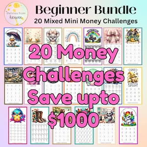 May include: A colorful graphic featuring a "Beginner Bundle" of 20 mini money challenges. The design includes various illustrations, the text "20 Money Challenges," and the phrase "Save up to $1000." The overall theme is financial planning.