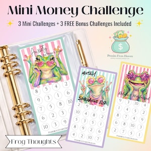 May include: A white binder with gold accents holds three colorful Mini Money Challenge cards. Each card features a cartoon frog wearing sunglasses. The cards are labeled "Anxiety," "Mentally," and "Delulu & Moisturized." The text "Mini Money Challenge" is at the top.