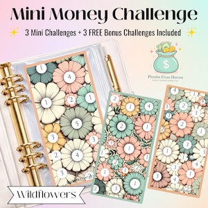 Mini sfida finanziaria "Fiori selvatici" stampabile, tracker di risparmio A6, grazioso inserto per busta budget, download digitale, mini sfida di risparmio