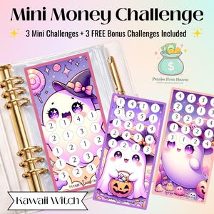 Mini desafío de dinero de bruja fantasma kawaii, tamaño A6, imprimible, rastreador de ahorros de Halloween, insertos para carpeta de presupuesto, descarga digital, desafío de ahorros