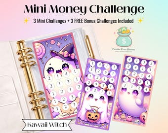 Kawaii heks spook mini geld uitdaging A6-formaat afdrukbare Halloween besparing tracker budget bindmiddel invoegingen digitale download besparingen uitdaging
