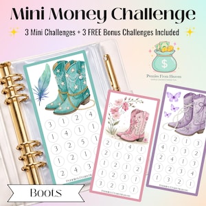 Boots Mini Geld Herausforderung, A6 Binder Einlage, druckbares Sparspiel, Budget, Western Boots PNG, Bargeld Umschlag Tracker PDF, Geldspiel