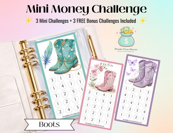 Boots Mini Money Challenge, A6 Binder Insert, Printable Savings Game, Budget, Western Boots PNG, Cash Envelope Tracker PDF, Money Game