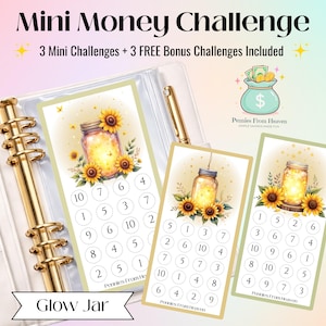 Pode incluir: Um conjunto de planejamento financeiro com o texto "Mini Money Challenge" e "Glow Jar". O conjunto inclui três mini desafios e três desafios de bônus. Cada cartão apresenta um pote com girassóis e círculos numerados.