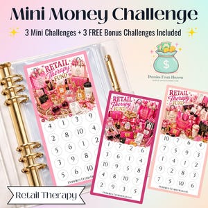 May include: A white binder with gold rings containing three rectangular savings trackers titled Retail Therapy Fund. Each tracker features pink-themed shopping illustrations and a grid of numbered circles for tracking progress. The text reads Mini Money Challenge, 3 Mini Challenges + 3 FREE Bonus Challenges Included, and Pennies From Heaven.
