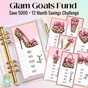 12 Month Money Challenge Printable, Starter Set, Save 5000 in a Year, Glam Pink Leopard Girly Savings Challenge A6 Binder, Cute Budget Game