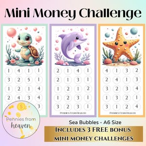May include: Colorful "Mini Money Challenge" cards featuring sea creatures: a turtle, dolphin, and starfish. Each card has a unique design with numbered circles. The text "Sea Bubbles - A6 Size" and "Includes 3 Free Bonus Mini Money Challenges" are also visible.