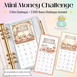 May include: A white binder with gold hardware holds three Mini Money Challenge cards. Each card features a "Grandma's Kitchen" theme with illustrations and numbered circles for tracking savings. The text "Mini Money Challenge" is at the top.