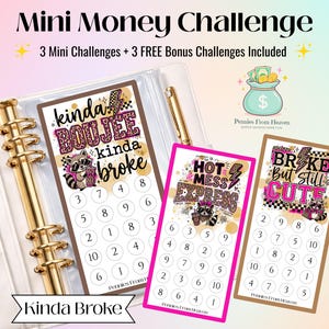 May include: A white binder with gold detailing contains three mini money challenge cards. The cards feature raccoon graphics and phrases like "Kinda Boujee Kinda Broke." Each card has numbered circles for tracking savings. The image also includes the text "Mini Money Challenge."