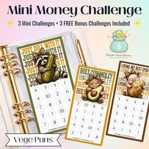 Pacchetto di mini sfide di risparmio con giochi di parole sulle verdure, tracker divertente per il risparmio alimentare, sfida per riempire di soldi, gioco di budget stampabile