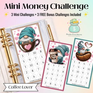 コーヒー愛好家向けミニマネーチャレンジ A6サイズ 印刷可能な貯蓄トラッカー 予算バインダーインサート デジタルダウンロード 貯蓄チャレンジ キャッシュスタッフィング