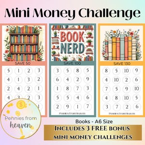 May include: A colorful graphic featuring three mini money challenges with book-themed illustrations. Each challenge has a different amount to save, with the text "Mini Money Challenge" at the top. Includes "Books - A6 Size".