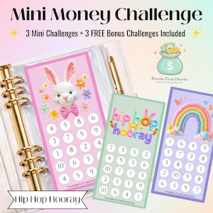 May include: A white binder with gold accents holds three colorful mini money challenge cards. The cards feature bunny, rainbow, and carrot designs with numbers for savings goals. Text reads "Mini Money Challenge."