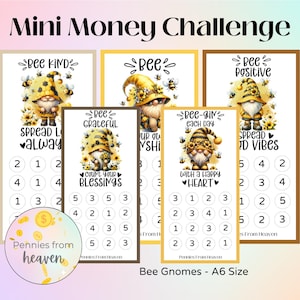 Bee Gnomes mini gelduitdaging, A6 ringband invoegen, besparingsuitdaging, geldbesparingsuitdaging, direct downloaden, besparingsbundel motiverend