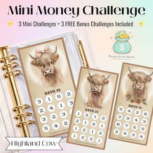 May include: A set of three mini money challenge cards featuring watercolor illustrations of Highland cows. Each card has a different savings goal, with the text "SAVE" followed by a number. The cards are in a binder with a gold pen.