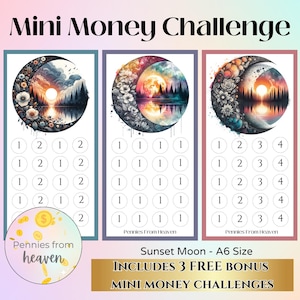 May include: Three A6-sized Mini Money Challenge printables featuring a sunset moon design. Each printable has a different color border and a series of circles with numbers for tracking savings. The text "Mini Money Challenge" is at the top.