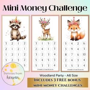 Woodland Party Mini Money Challenge Printable, A6 Savings Tracker, Cute Raccoon Deer Fox Budget Envelope Insert, Digital Download