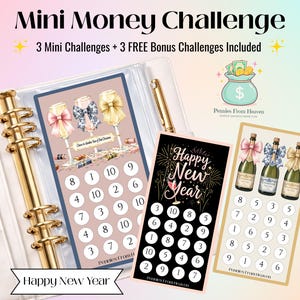 Happy New Year Mini Money Challenge A6 Printable, Cash Stuffing Savings Cards, New Year Budget Challenge PDF