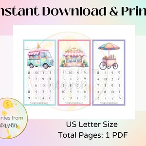 May include: Printable educational game with three colourful ice cream-themed number puzzles. Each puzzle shows a different ice cream shop, including a truck, a stand, and a cart. The text "Instant Download & Print" is at the top.