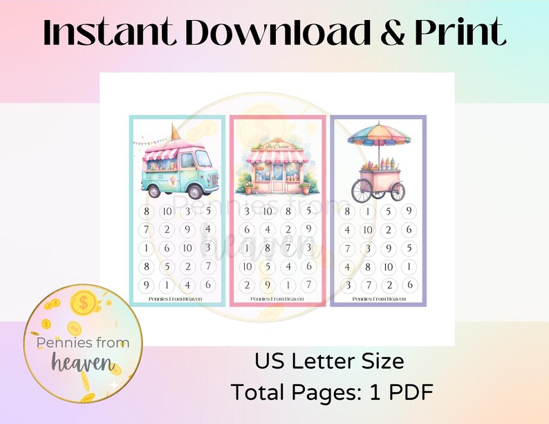 May include: Printable educational game with three colourful ice cream-themed number puzzles. Each puzzle shows a different ice cream shop, including a truck, a stand, and a cart. The text "Instant Download & Print" is at the top.