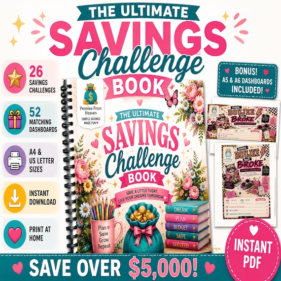 Savings Challenge Book Printable Money Saving Game Challenges Cash Binder Savings Dashboard Budget Binder Ready To Print Savings Tracker