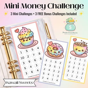Puede incluir: Un planificador con tres tarjetas de desafío de dinero con temática kawaii que presentan una magdalena, una rosquilla y una taza de café. Las tarjetas tienen números para rastrear los ahorros. También se ve el texto "Mini Money Challenge" y "Kawaii Sweets".