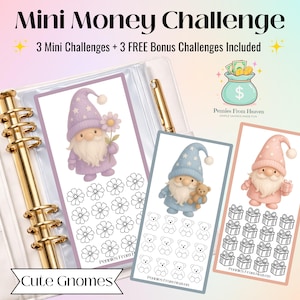 Puede incluir: Una carpeta blanca con anillos dorados y un bolígrafo dorado contiene tres tarjetas ilustradas. Las tarjetas presentan gnomos con flores, un osito de peluche y regalos. El texto en las tarjetas dice "Mini Money Challenge" y "Cute Gnomes."