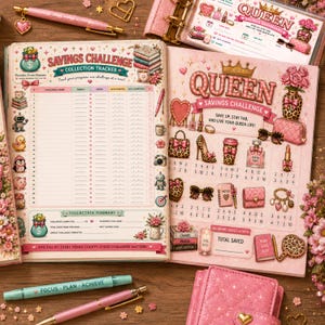 May include: A pink savings challenge planner with a collection tracker and Queen savings challenge pages. The pages feature illustrations of leopard print accessories, pink flowers, and hearts. Includes a pink pen and a glittery pink wallet.