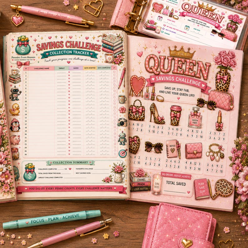 May include: A pink savings challenge planner with a collection tracker and Queen savings challenge pages. The pages feature illustrations of leopard print accessories, pink flowers, and hearts. Includes a pink pen and a glittery pink wallet.