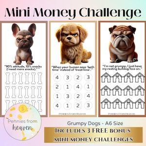 Cranky Grumpy Dogs, Mini Money Challenge, Mini Savings Challenge, A6 Binder Insert, Mini Money Tracker, Money Savings Challenge, Funny Dog