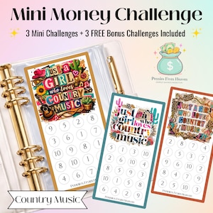Könnte beinhalten: Ein weißer Ordner mit goldenen Akzenten enthält drei Mini-Geld-Challenge-Karten. Jede Karte zeigt den Text "Just a Girl Who Loves Country Music" mit einem farbenfrohen Design. Der Text "Mini Money Challenge" steht oben.