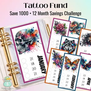 12 maanden tattoo fonds jaarlijkse gelduitdaging afdrukbaar, bespaar 1000 per jaar, cash stuffing besparingsuitdaging A6, budget spelbijlage