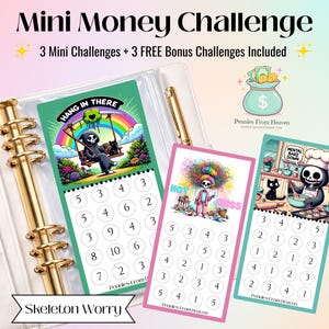 Mini Money Challenge, Skeleton Worry Mini Savings Challenge, A6 Binder Insert Tracker Money Savings Challenge, Savings Bundle, Cash Stuffing