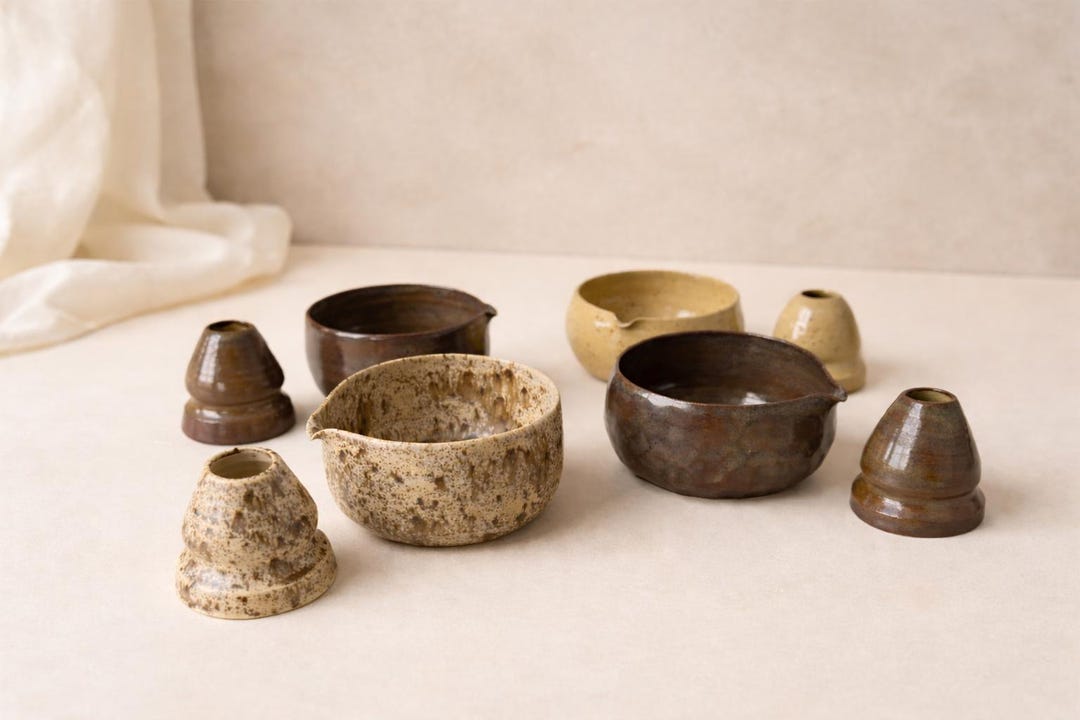 Handmade Matcha Bowl Sets – Rustic Wabi-Sabi Chawan, Stoneware Japanese Tea Bowl and Whisk Holder - Speckled